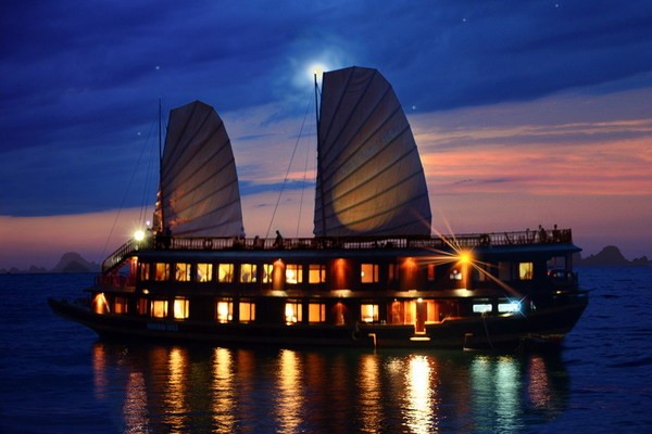 A yacht at night in Halong