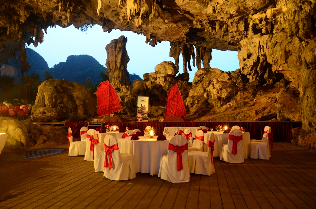 Dining in cave of Halong Bay