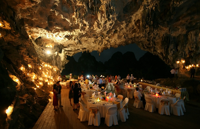 Dining in cave in Halong Bay