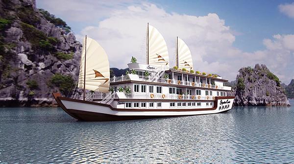 The royal Signature cruise in Halong Bay is brightly beautiful in white