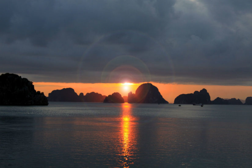 The beautiful shot of sunset on Halong Bay