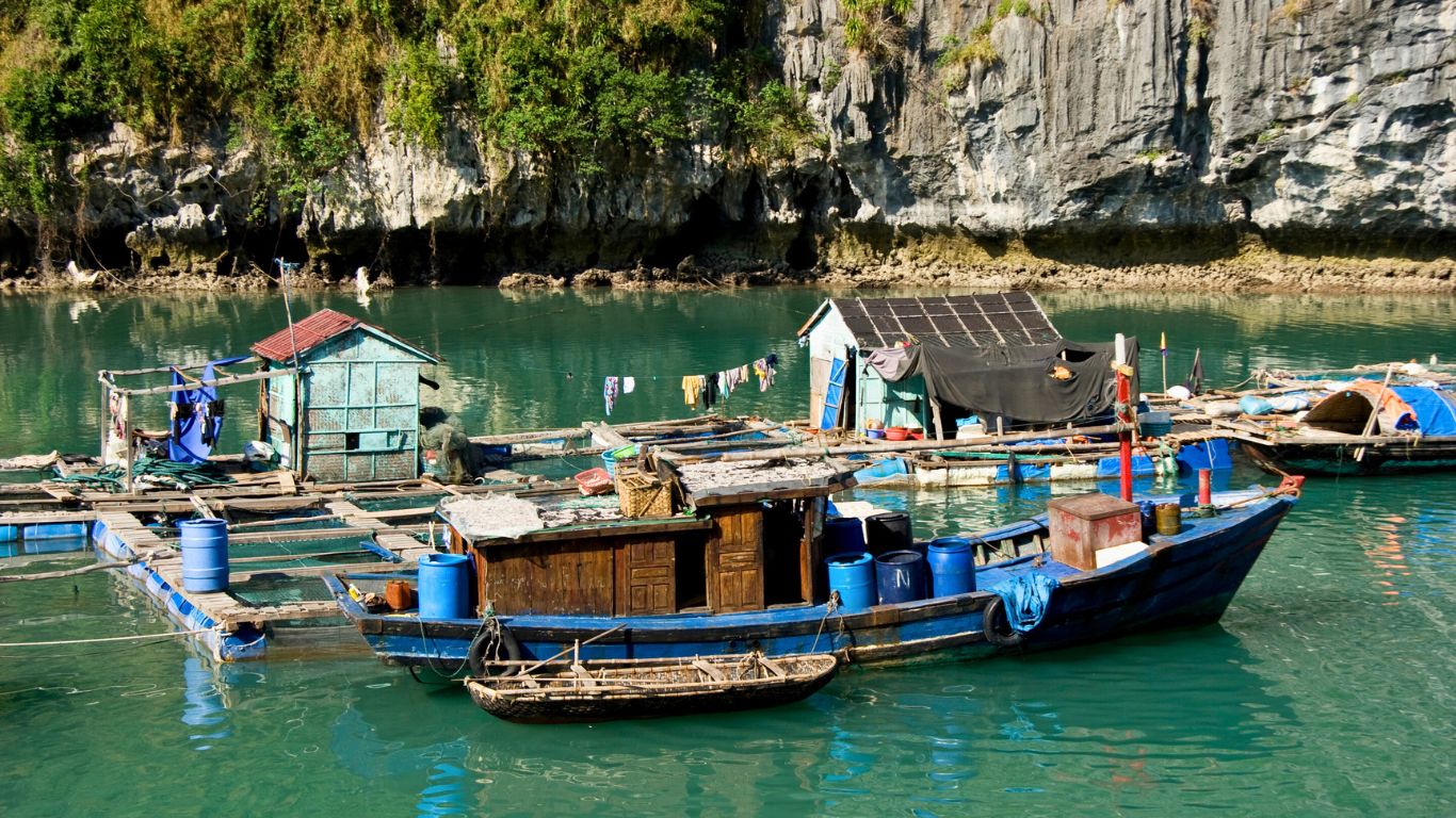 local life on boat in halong bay fishing village